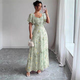 Robe longue fleurie femme à manches courtes