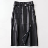 Jupe Midi Simili Cuir Taille Ceinturée Élégance Moderne