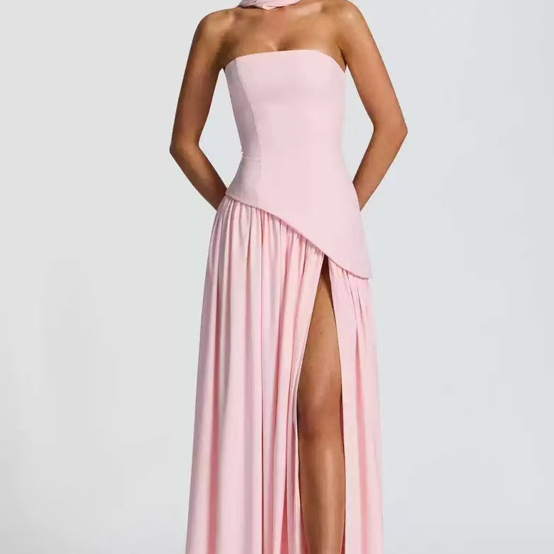 Robe longue bustier plissée à fente pour femme