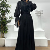 Robe longue plissée à manches bouffantes pour femme