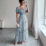 Robe longue fleurie femme à manches courtes