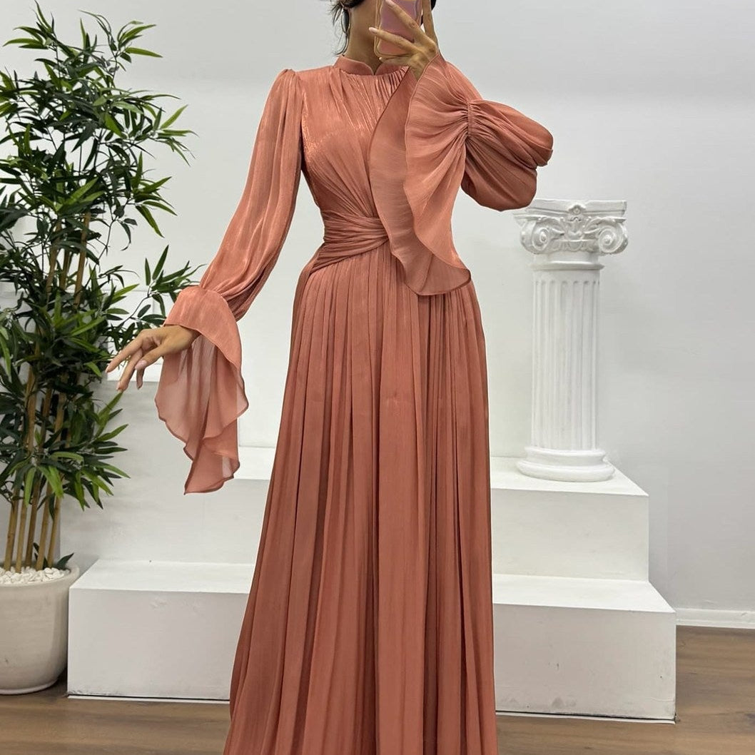 Robe longue plissée à manches bouffantes pour femme