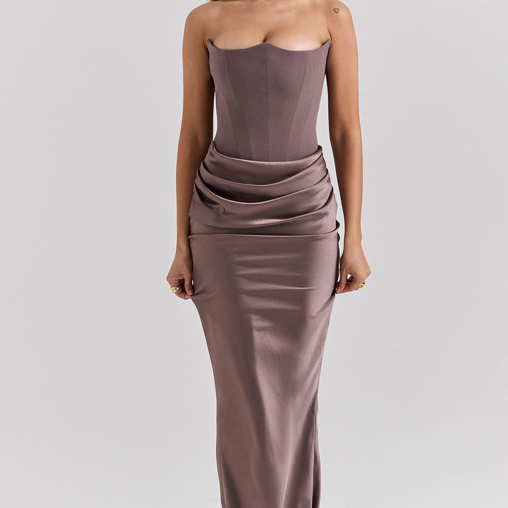 Robe Longue Bustier Drapée Élégance Satinée