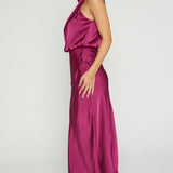 Robe Midi Satinée Col Drapé Élégance Moderne