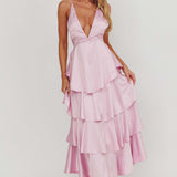Robe Longue Volants Superposés Décolleté Plongeant