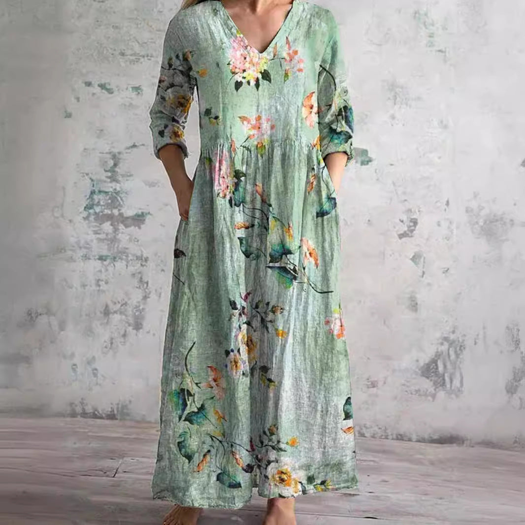 Robe Longue Fleurie à Col V