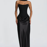 Robe Longue Satinée Bustier Drapée Élégance Luxe
