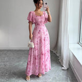 Robe longue fleurie femme à manches courtes