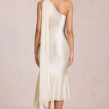 Robe Midi Satinée Asymétrique avec Écharpe Élégante