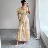 Robe longue fleurie femme à manches courtes