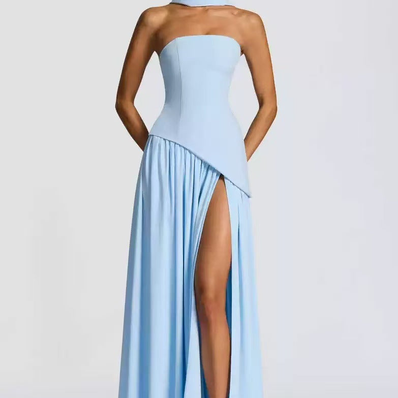 Robe longue bustier plissée à fente pour femme