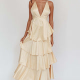 Robe Longue Volants Superposés Décolleté Plongeant