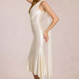 Robe Midi Satinée Asymétrique avec Écharpe Élégante