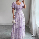Robe longue fleurie femme à manches courtes