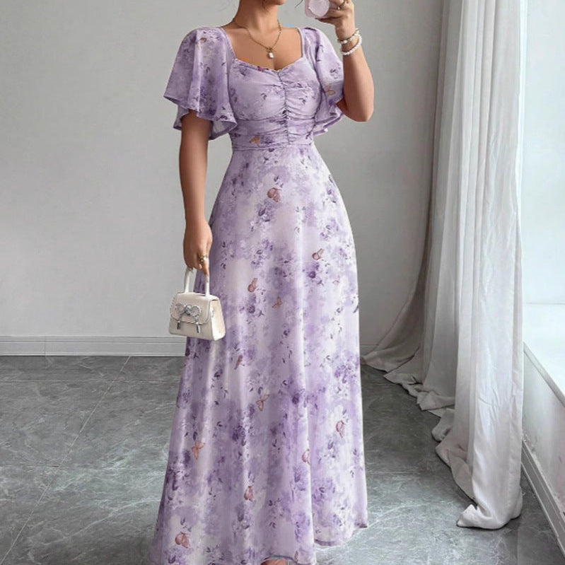 Robe longue fleurie femme à manches courtes