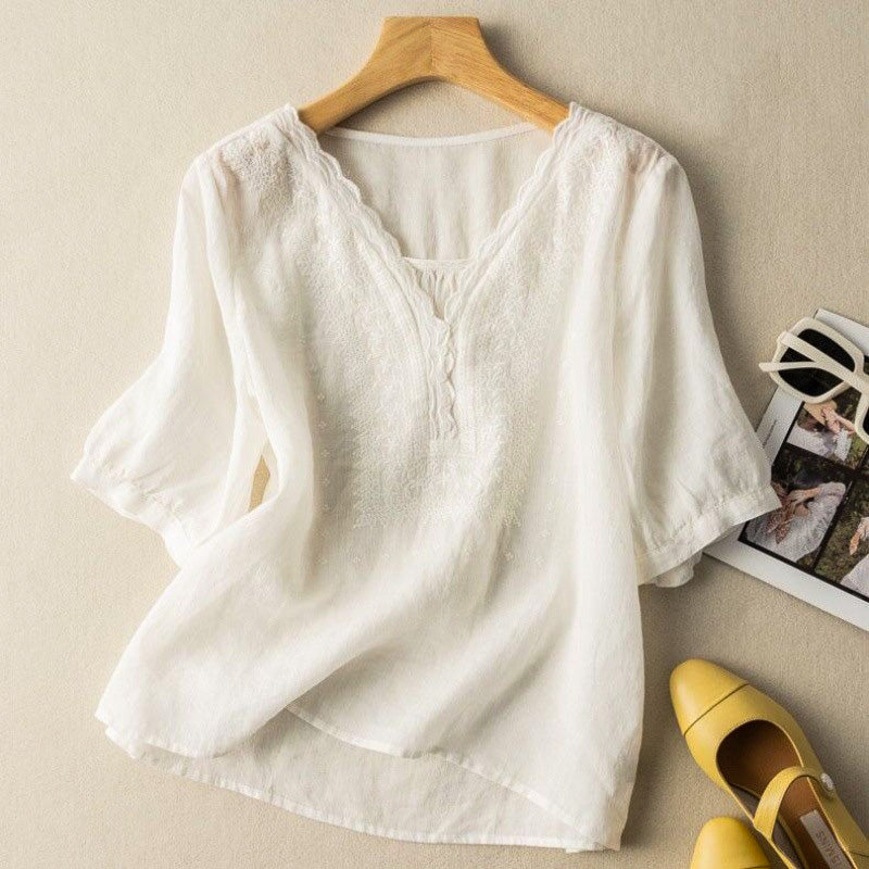 Blouse Lin Col V Boutonné Coupe Décontractée Élégante