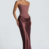 Robe Longue Satinée Bustier Drapée Élégance Luxe