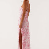 Robe Longue Fleurie Satinée à Fente Élégante