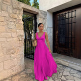 Robe longue plissée sans manches à col V pour femme