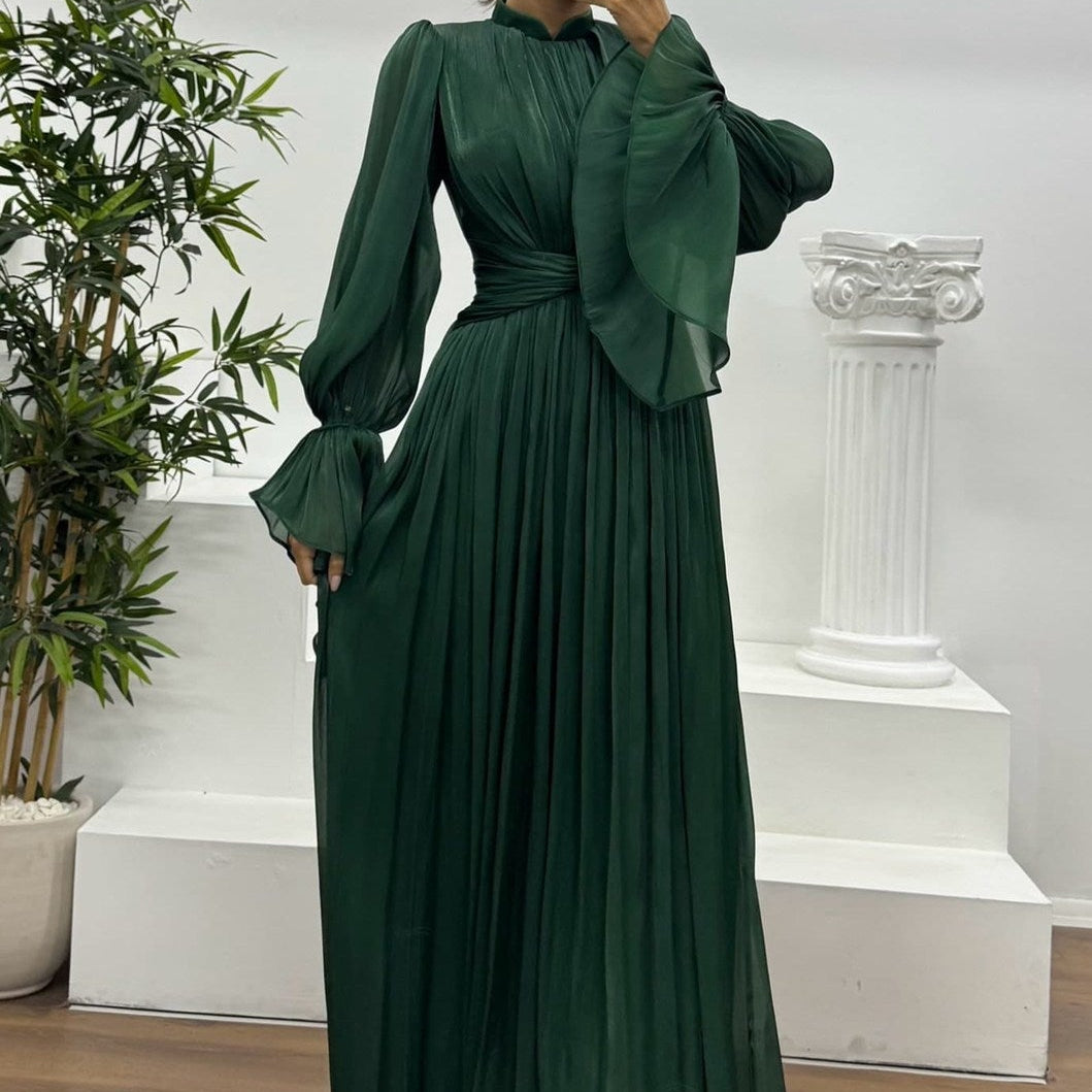 Robe longue plissée à manches bouffantes pour femme