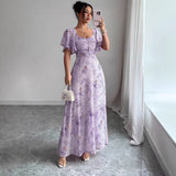 Robe longue fleurie femme à manches courtes
