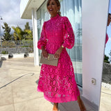 Robe Maxi Dentelle Ajourée Manches Bouffantes Élégance