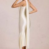 Robe Midi Satinée Asymétrique avec Écharpe Élégante