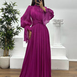 Robe longue plissée à manches bouffantes pour femme