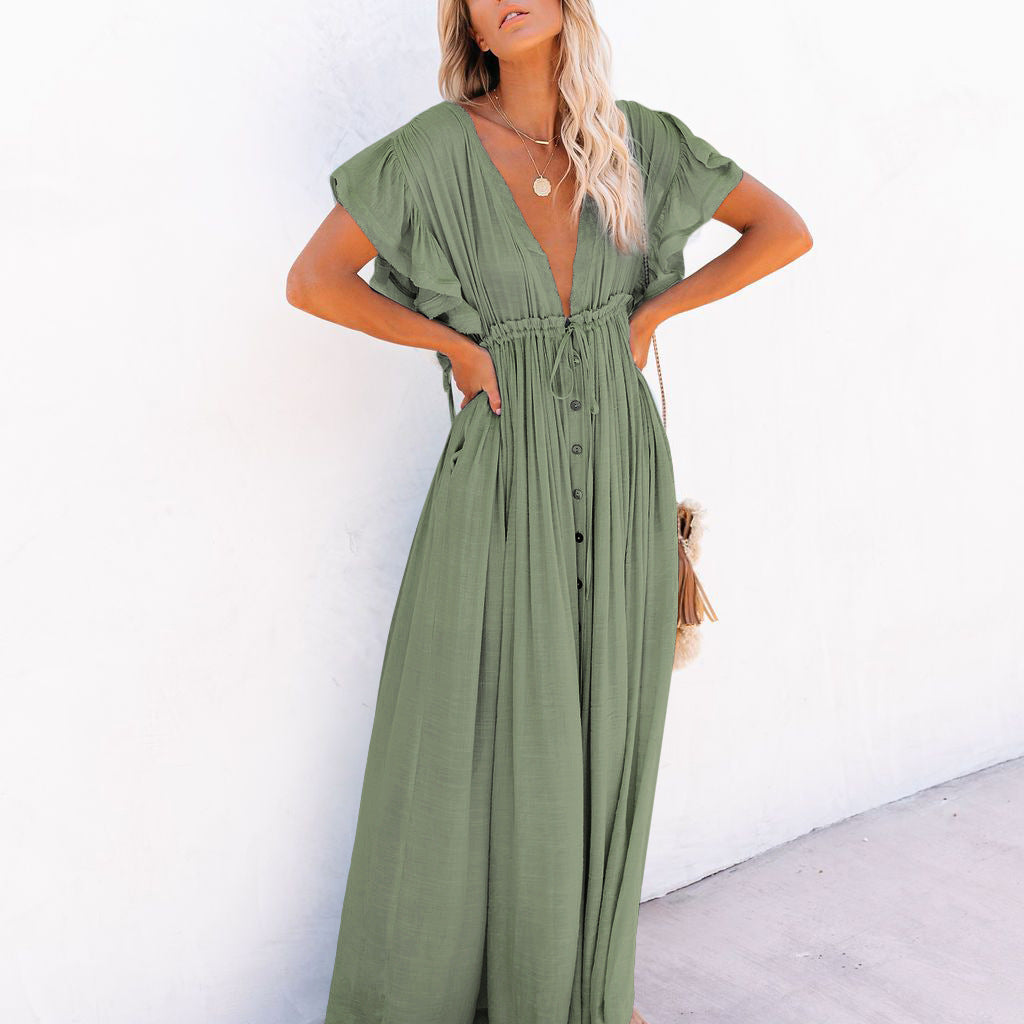 Robe Maxi Bohème Col V Taille Haute Élégance Été