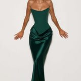 Robe Longue Satinée Bustier Drapée Élégance Luxe
