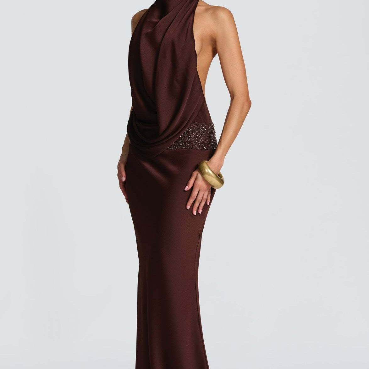 Robe Longue Drapée à Col Halter Élégant