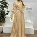 Robe longue plissée à manches bouffantes pour femme