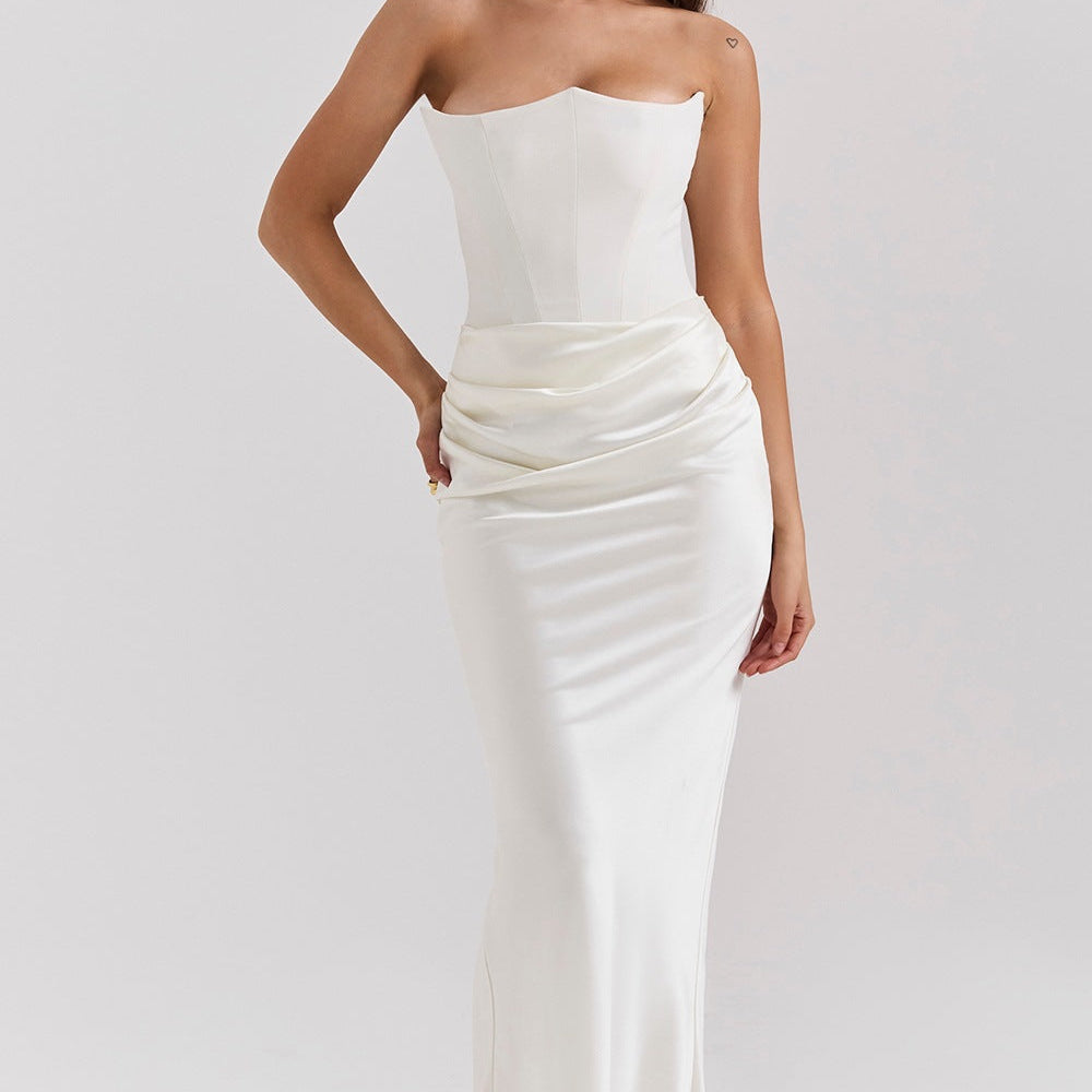 Robe Longue Bustier Drapée Élégance Satinée