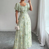 Robe longue fleurie femme à manches courtes