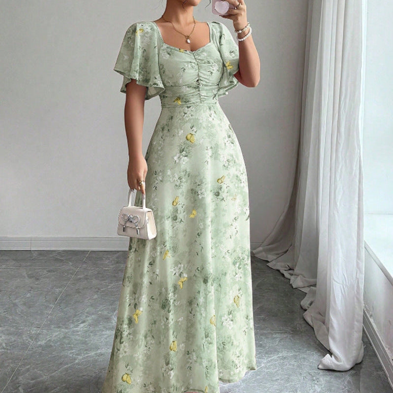 Robe longue fleurie femme à manches courtes
