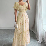 Robe longue fleurie femme à manches courtes