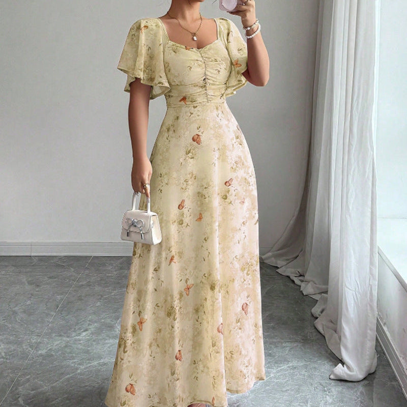 Robe longue fleurie femme à manches courtes