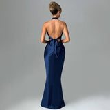 Robe Maxi Satinée Col Halter Coupe Sirène Élégance