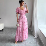 Robe longue fleurie femme à manches courtes