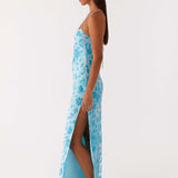 Robe Longue Fleurie Satinée à Fente Élégante