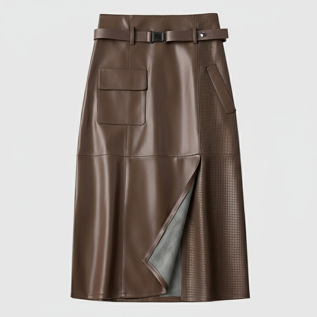 Jupe Midi Simili Cuir Taille Ceinturée Élégance Moderne