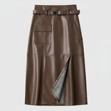 Jupe Midi Simili Cuir Taille Ceinturée Élégance Moderne