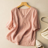 Blouse Lin Col V Boutonné Coupe Décontractée Élégante