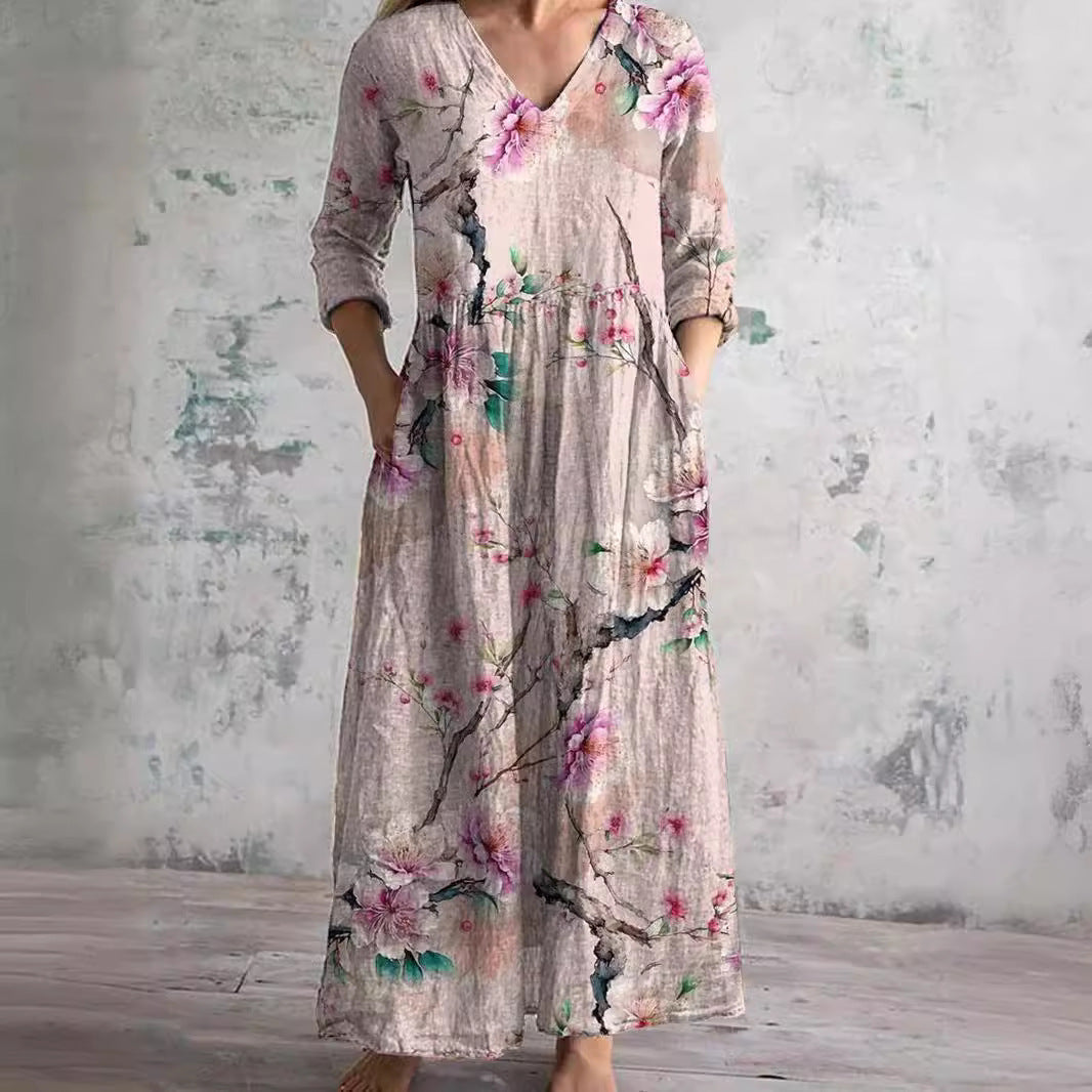 Robe Longue Fleurie à Col V