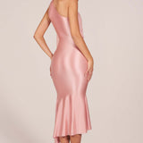 Robe Midi Satinée Asymétrique avec Écharpe Élégante