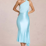 Robe Midi Satinée Asymétrique avec Écharpe Élégante