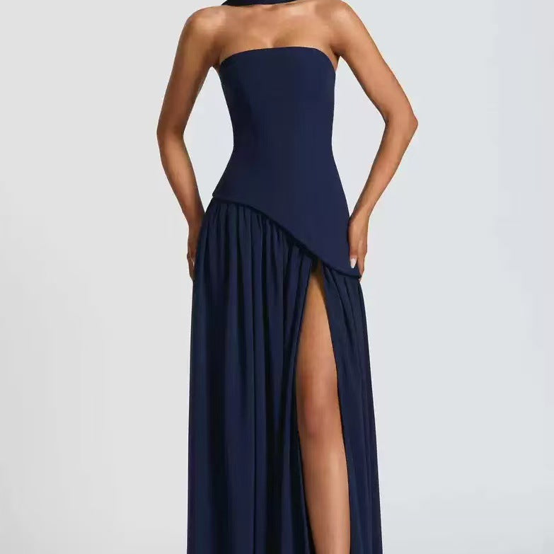 Robe longue bustier plissée à fente pour femme