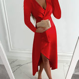 Robe Midi Cache Cœur Col V Manches Longues Élégance Moderne