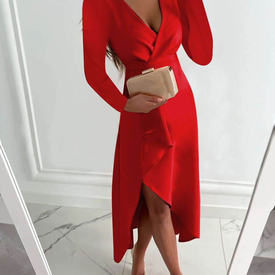 Robe Midi Cache Cœur Col V Manches Longues Élégance Moderne