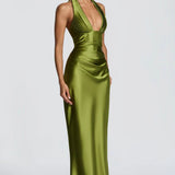 Robe Longue Satinée Dos Nu Décolleté Plongeant